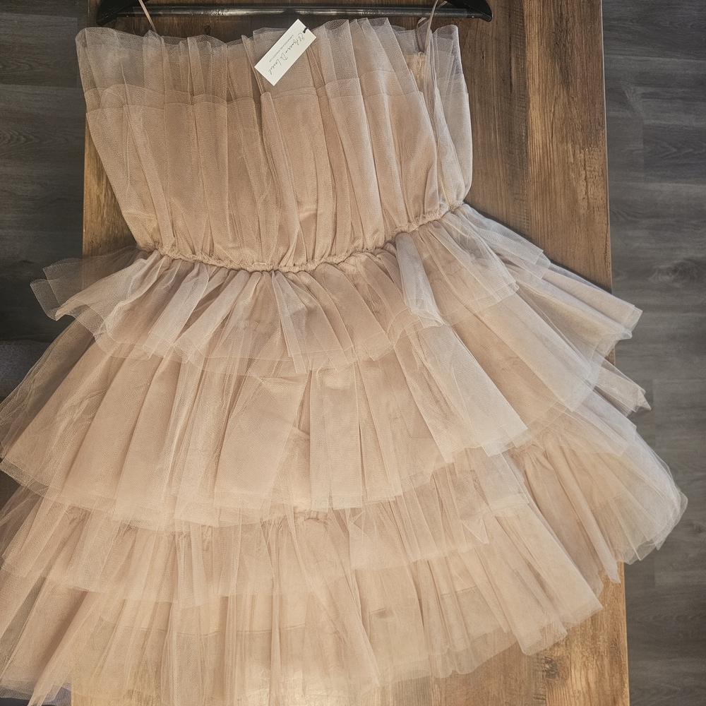 Elegant Tiered Tulle Mini Dress in Tan